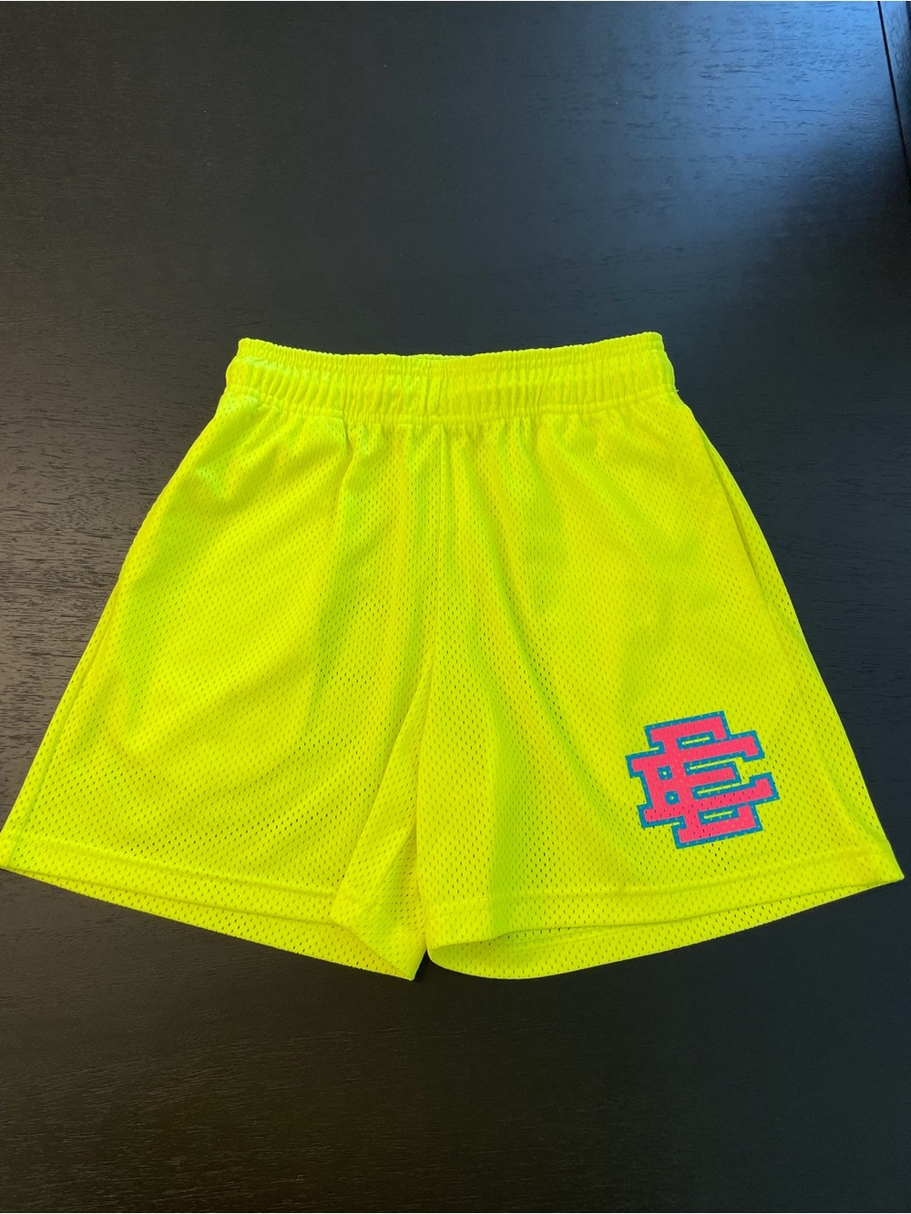 Eric Emanuel Neon Yellow Mesh Athletic Shorts with Pink/Blue Logo